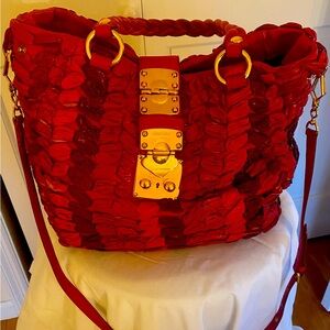 MIU MIU RED LEATHER BAG WITH RUCHING
